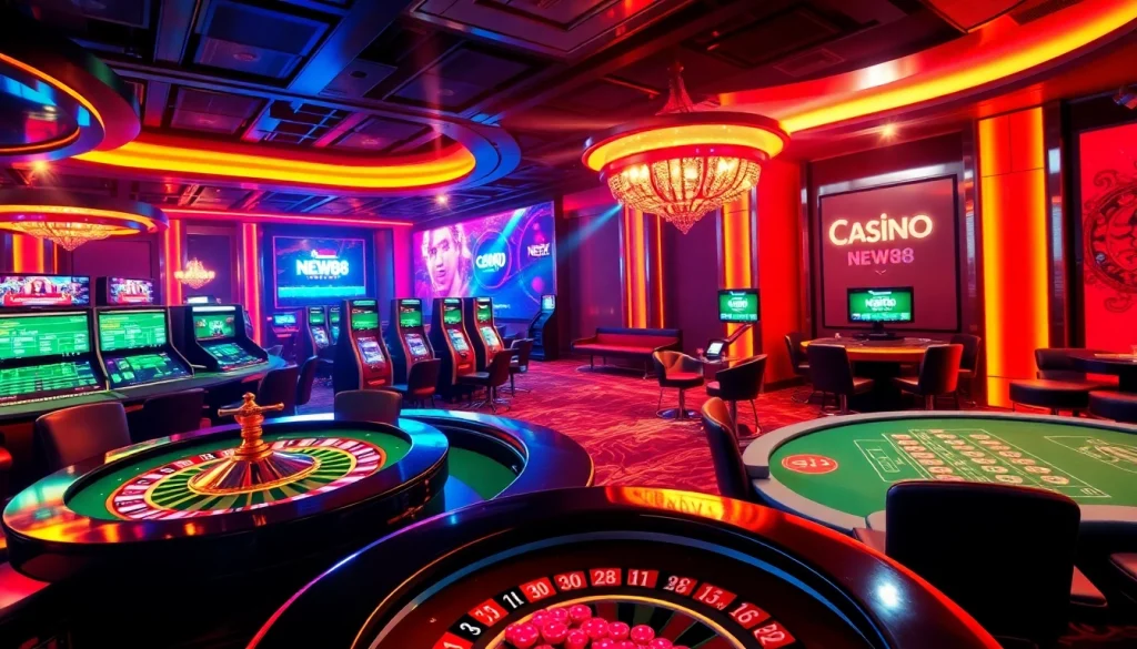Experience the thrill of winning at NEW88 with vibrant casino games including poker and roulette, all in an upscale environment.