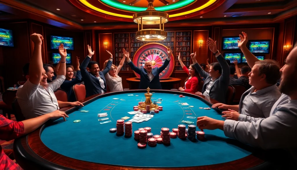 Players celebrating a win at 79king’s vibrant poker table in an upscale casino.