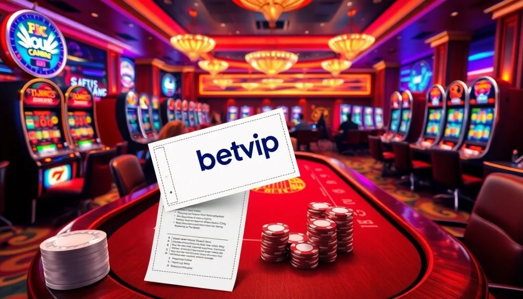 Experience the thrill at betvip with a vibrant casino scene showcasing poker, slots, and excitement.