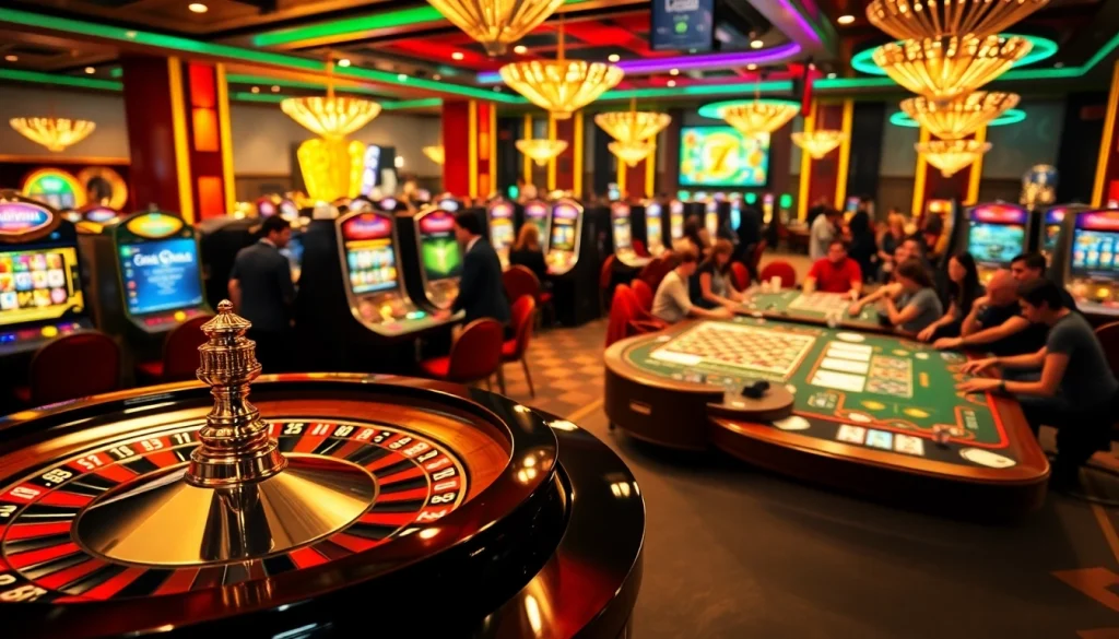 Players engaged at the vibrant nhà cái W388 casino, featuring roulette and poker tables.