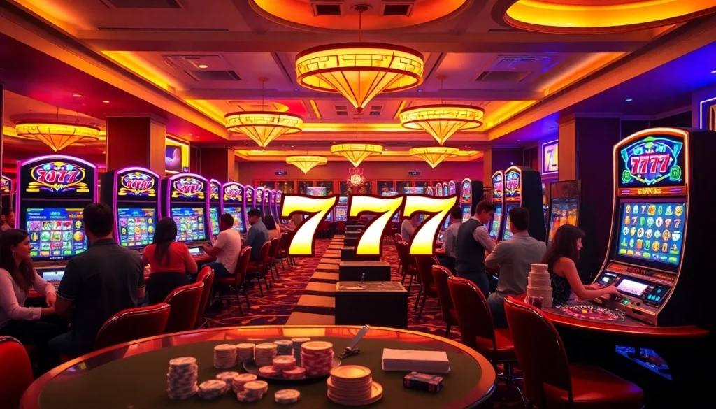 Experience the excitement of Slot777 with vibrant reels spinning and players winning in a luxurious casino.
